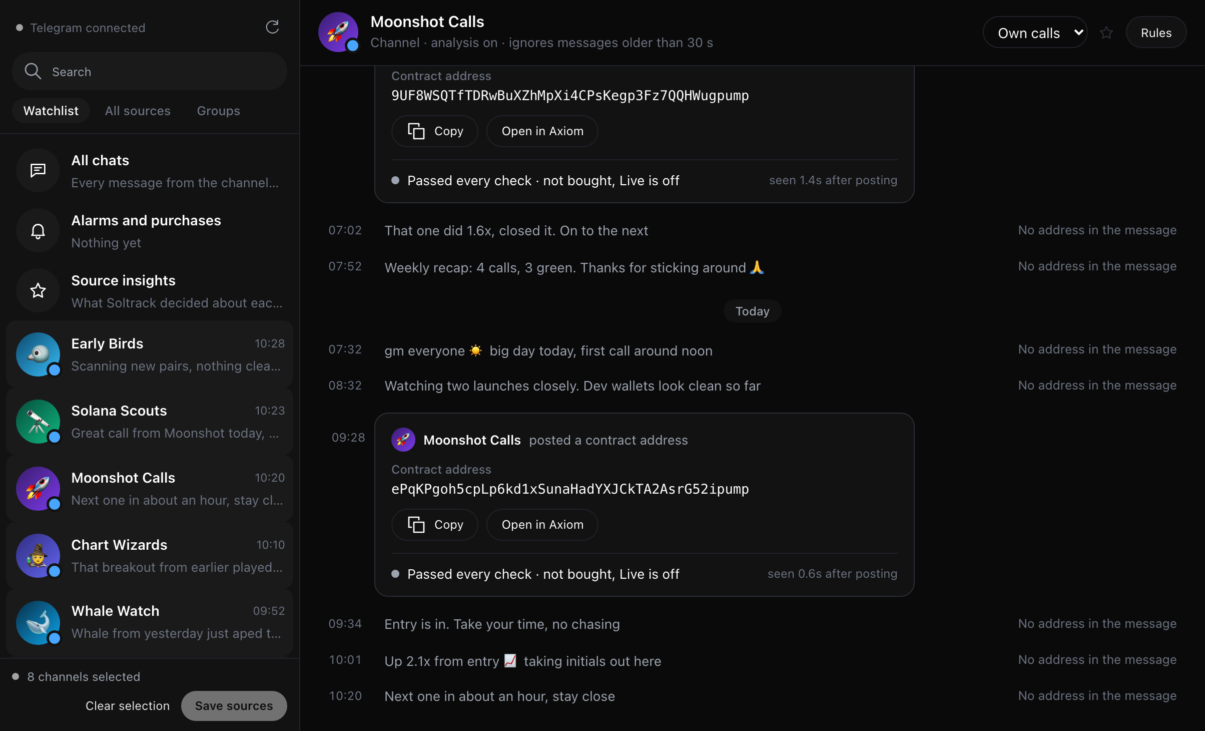 The app with example channels: Telegram channels as chats on the left, each with its picture and latest message, and one channel's conversation on the right, where a message with a contract address is a card reading 'Passed every check'.